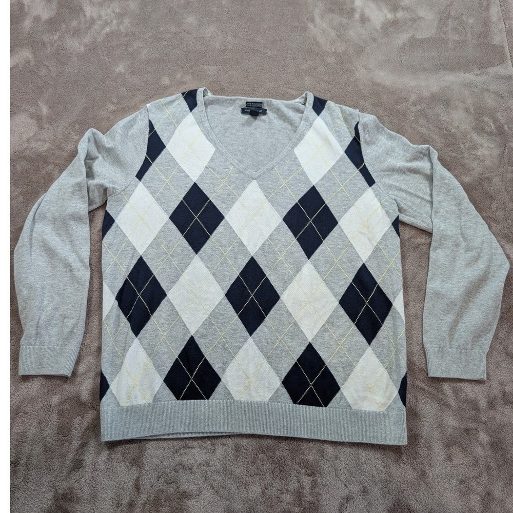 Tommy Hilfiger Mens XL Pima Cotton Argyle V-Neck Sweater Grey Navy Blue White